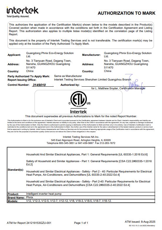 PHNIX R454B Air to Water Heat Pump Achieves the First ETL Certificate Issued by Intertek